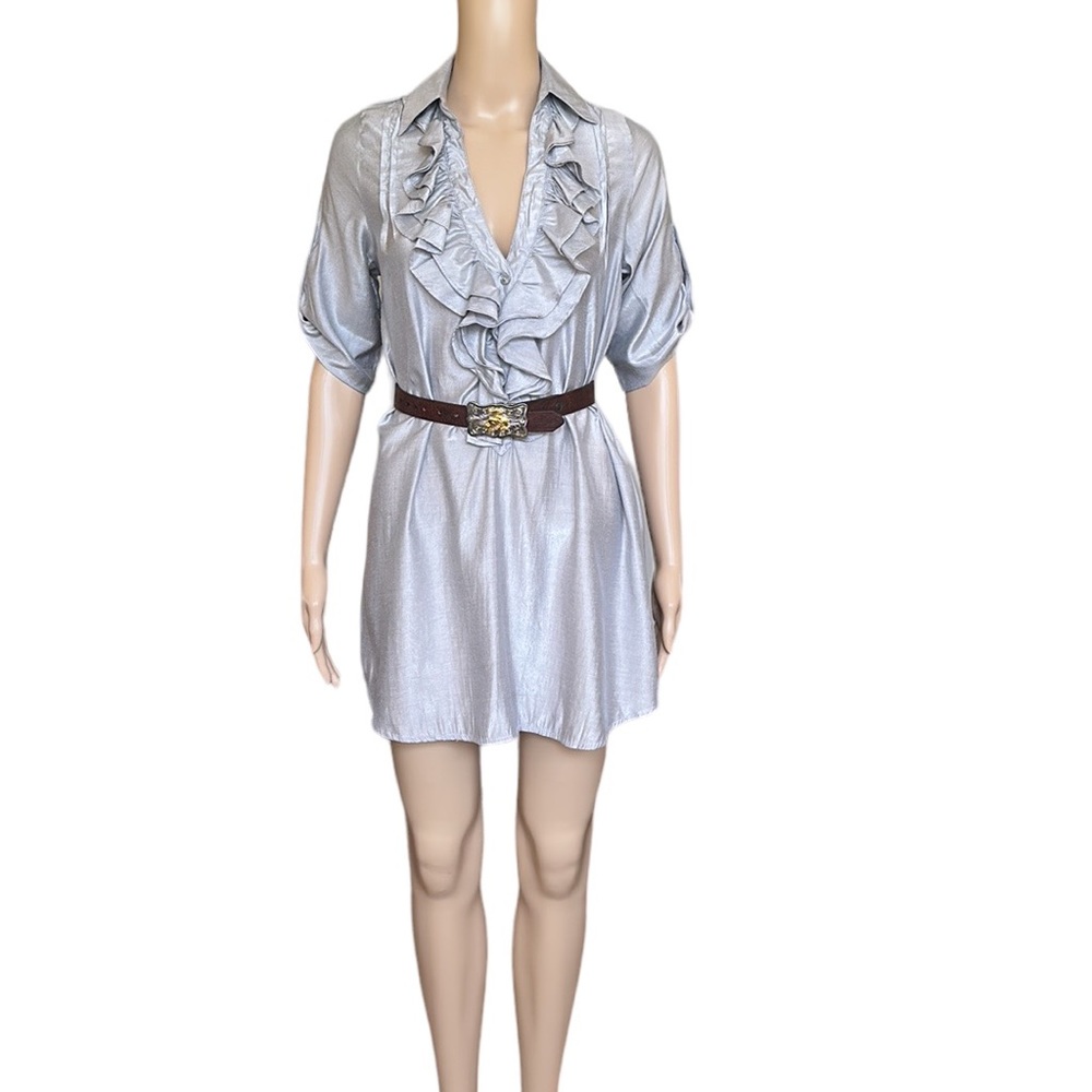Arden B Silver Mini Shirt Dress / Tunic Top with Front Ruffles size XS